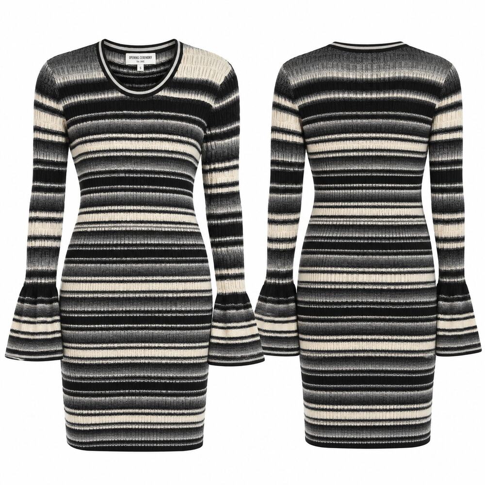 Opening Ceremony Striped Knit Sweater Dress Y2K Small Wool Blend Bell Sleeve
